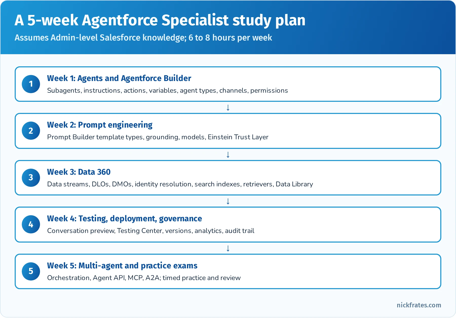 Five-week Agentforce Specialist study plan: agent fundamentals and Agentforce Builder, prompt engineering, Data 360 and grounding, testing deployment and governance, multi-agent topics and practice exams