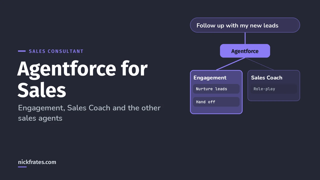 Header image: Agentforce for Sales, a rep request routed through Agentforce to the Engagement agent and Sales Coach.