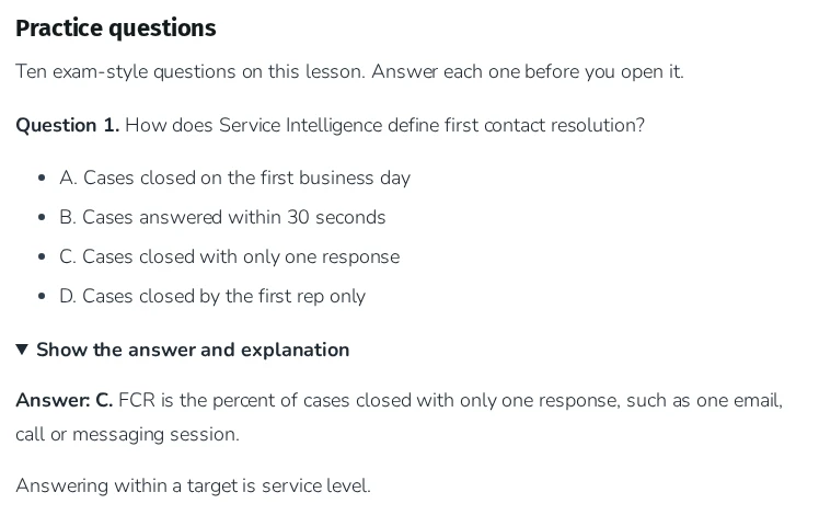 Agentforce Service Consultant Cert Lab practice question about first contact resolution, with the answer and explanation opened