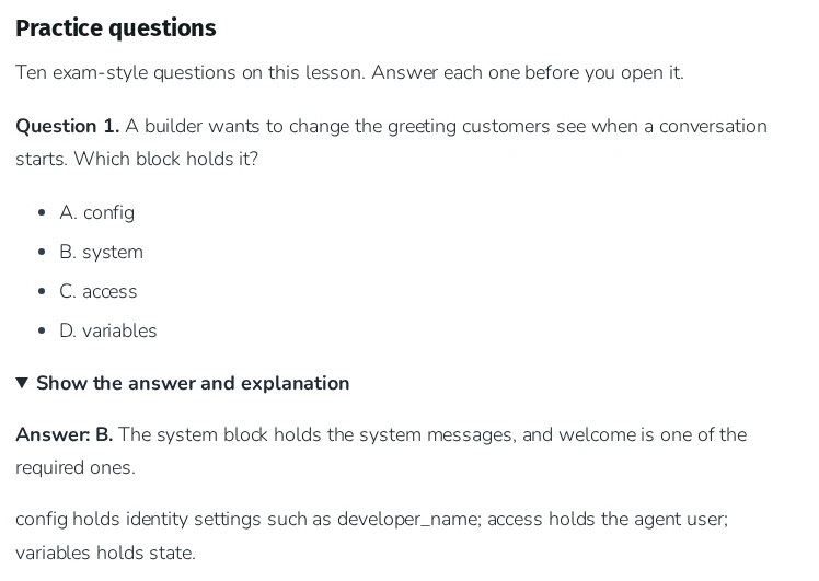 Agentforce Specialist Cert Lab practice question about Agent Script building blocks, with the answer and explanation opened