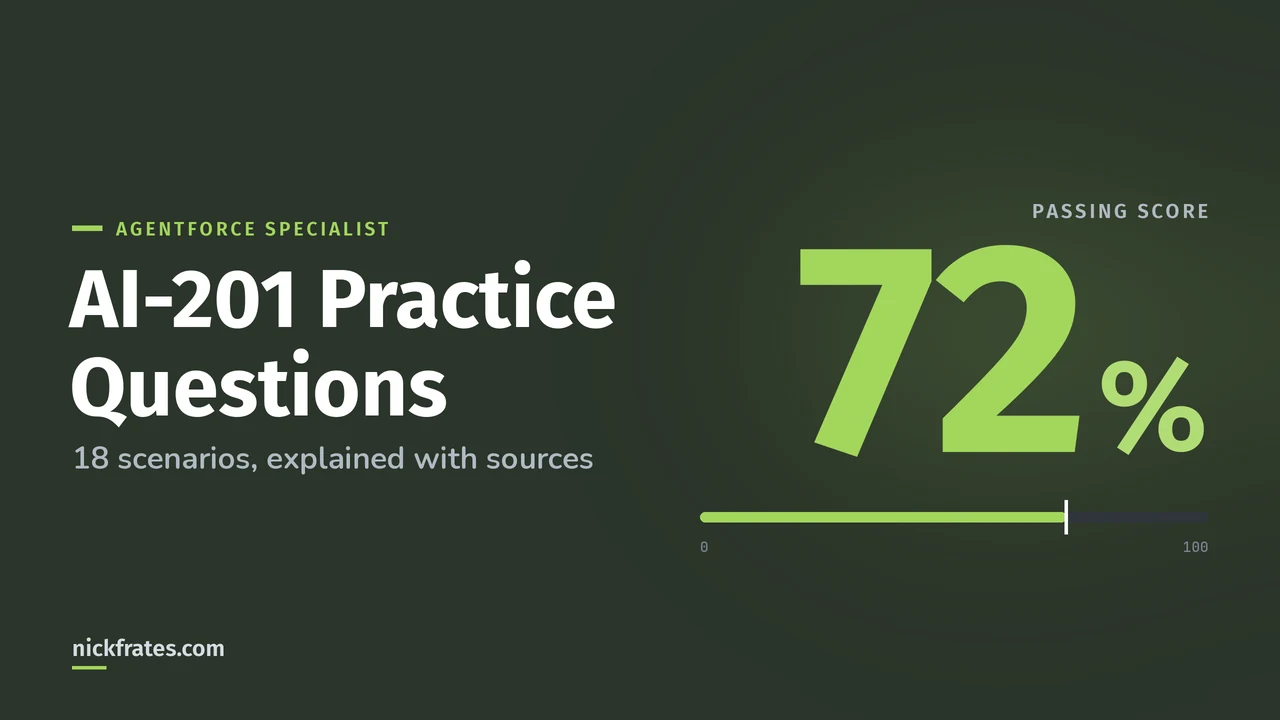 Header image: Agentforce Specialist AI-201 practice questions, with the 72% passing score shown as a large number.