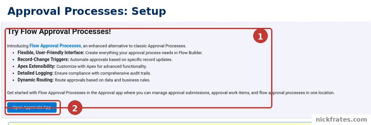 Salesforce Setup > Process Automation > Approval Processes for Opportunity: the Try Flow Approval Processes banner with its five benefits (1) and the Open Approvals App button (2).