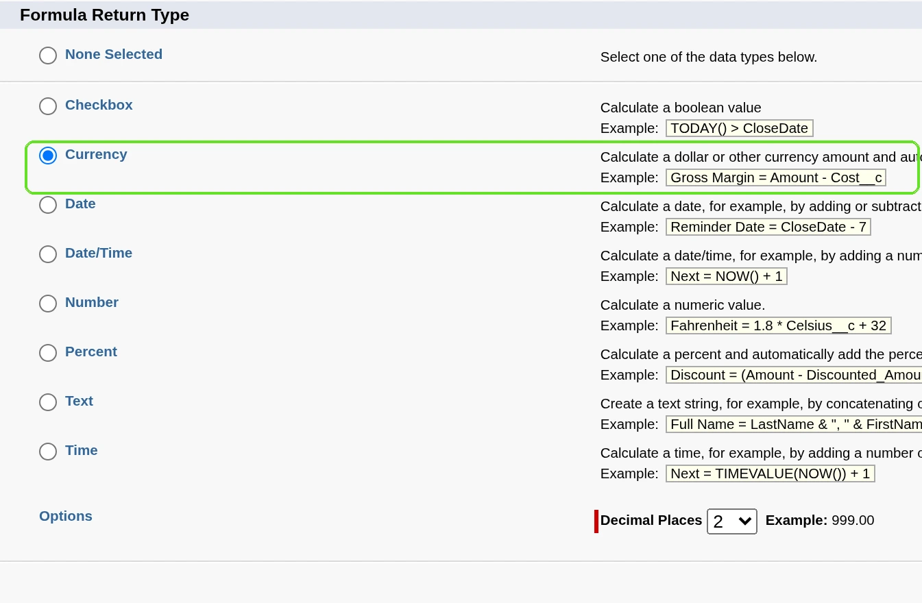 Salesforce New Custom Field step 2, Choose output type, with the Formula Return Type list highlighted: Checkbox, Currency, Date, Date/Time, Number, Percent, Text and Time.