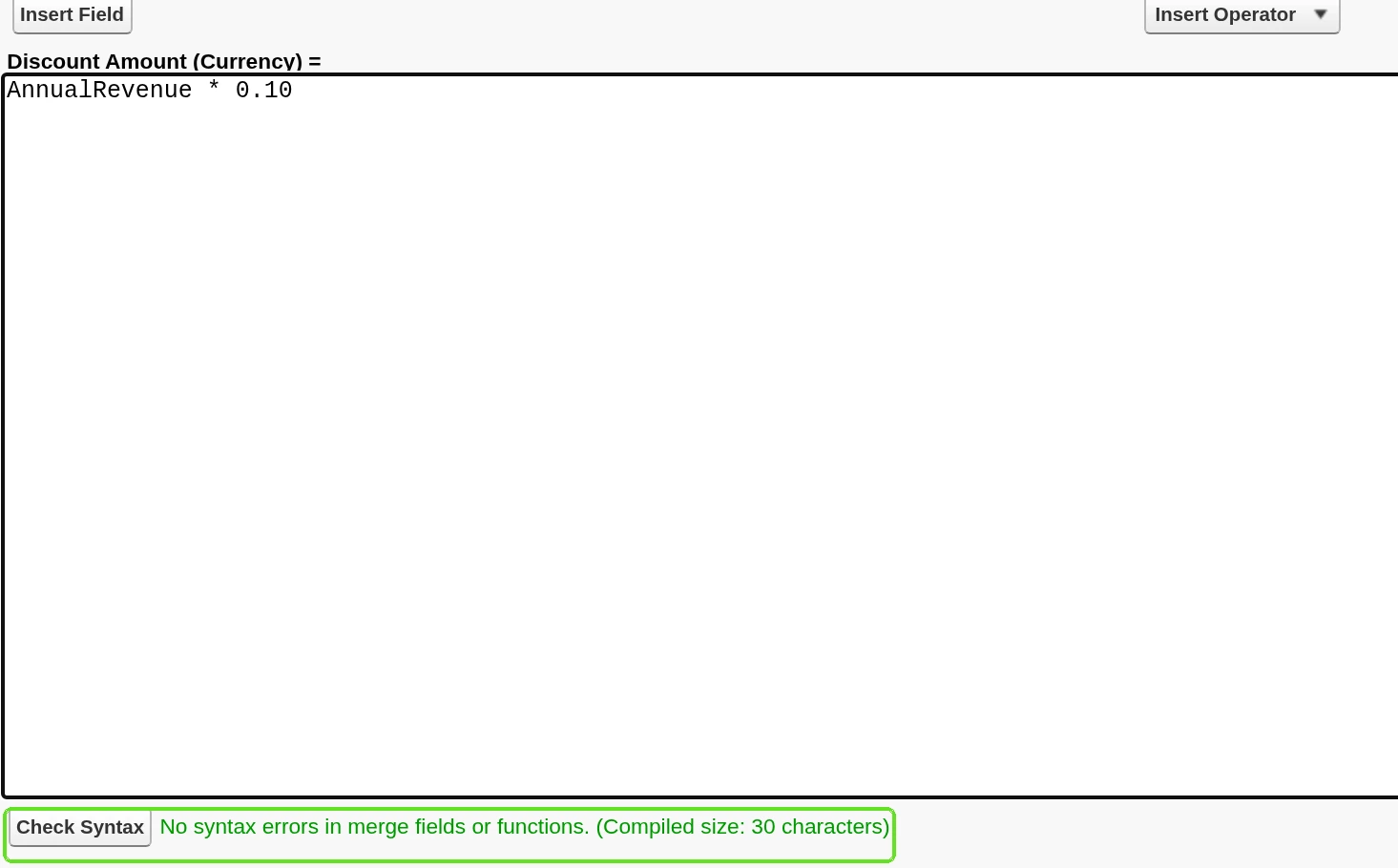 Salesforce Advanced Formula editor with Insert Field, Check Syntax and the Blank Field Handling section highlighted, showing Treat blank fields as zeroes or as blanks.