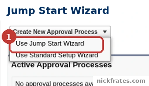 Setup > Process Automation > Approval Processes: the Create New Approval Process menu is open and Use Jump Start Wizard is highlighted.
