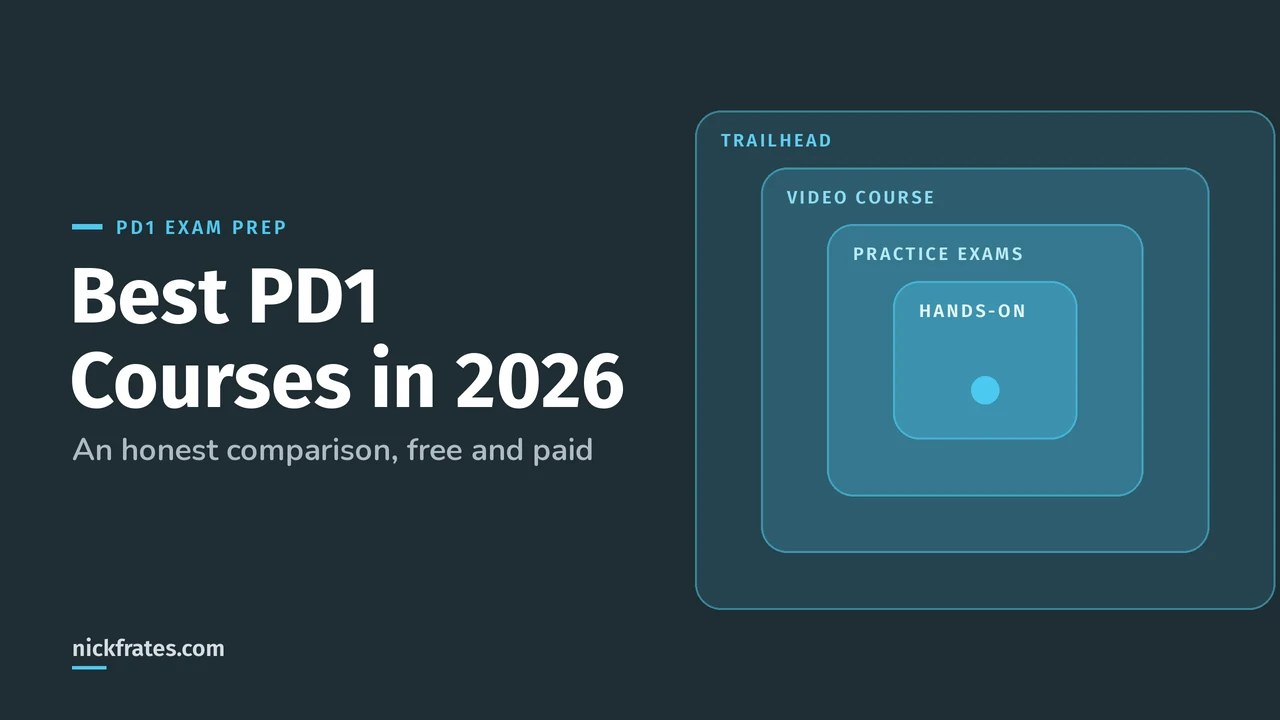 Header image: best Salesforce Platform Developer I courses in 2026, an honest comparison of Trailhead, video courses, practice exams and hands-on practice.