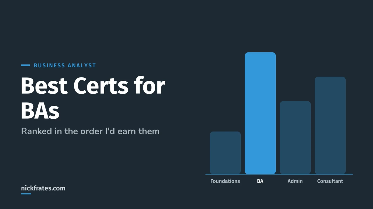 Header image: Best Certs for BAs, a bar chart with Platform Foundations, Business Analyst highlighted as the top pick, Administrator and a consultant cert.