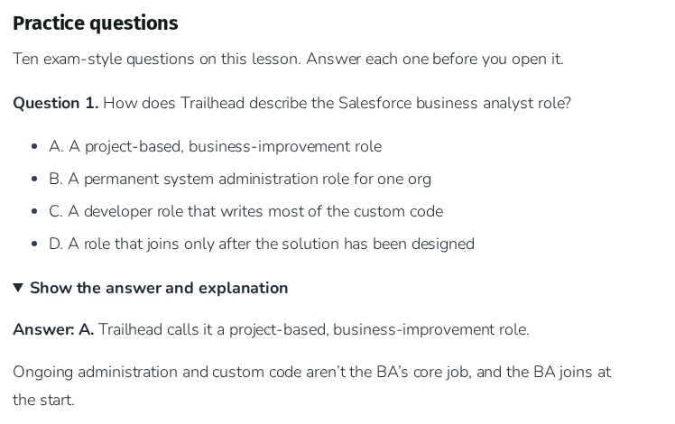 Business Analyst Cert Lab practice question about how Trailhead describes the business analyst role, with the answer and explanation opened