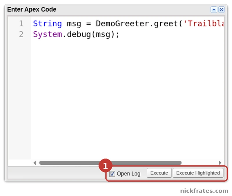Developer Console Enter Apex Code window with two lines of Apex that call a class method and print the result, Open Log ticked
