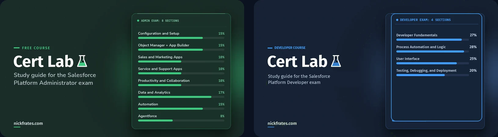 Cert Lab courses side by side: the free Platform Administrator course and the Platform Developer course