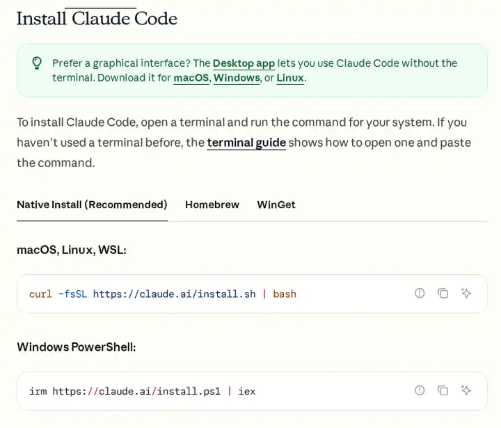Install Claude Code section of the official Claude Code docs at code.claude.com showing the native install commands for macOS, Linux, WSL and Windows PowerShell