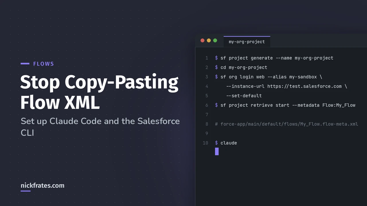 Header image: Stop Copy-Pasting Flow XML, set up Claude Code and the Salesforce CLI. Code window showing Salesforce CLI and Claude Code setup commands.