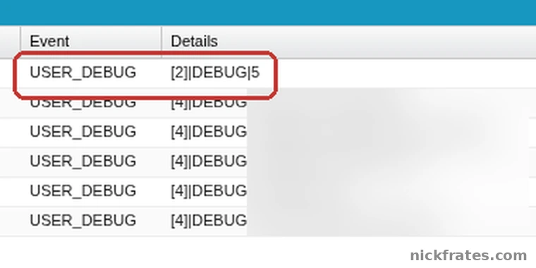 Developer Console execution log with Event and Details columns, showing USER_DEBUG events, the first with the debug text 5, with account names blurred