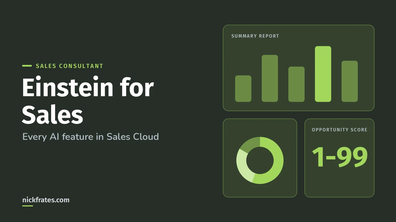 Header image: Einstein for Sales, a mini dashboard showing an Einstein opportunity score on a 1 to 99 scale.