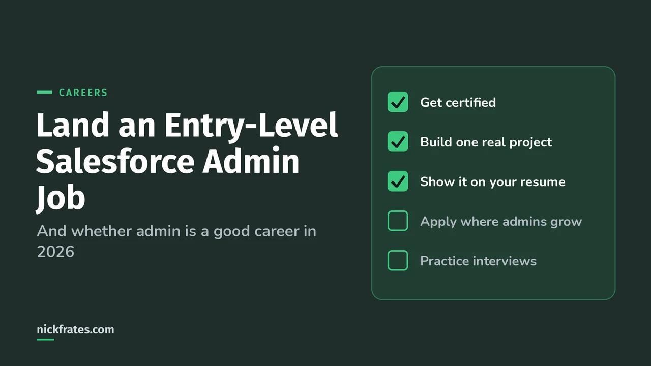 Header image: how to land an entry-level Salesforce admin job, shown as a checklist: get certified, build a real project, show it on your resume, apply, practice interviews.