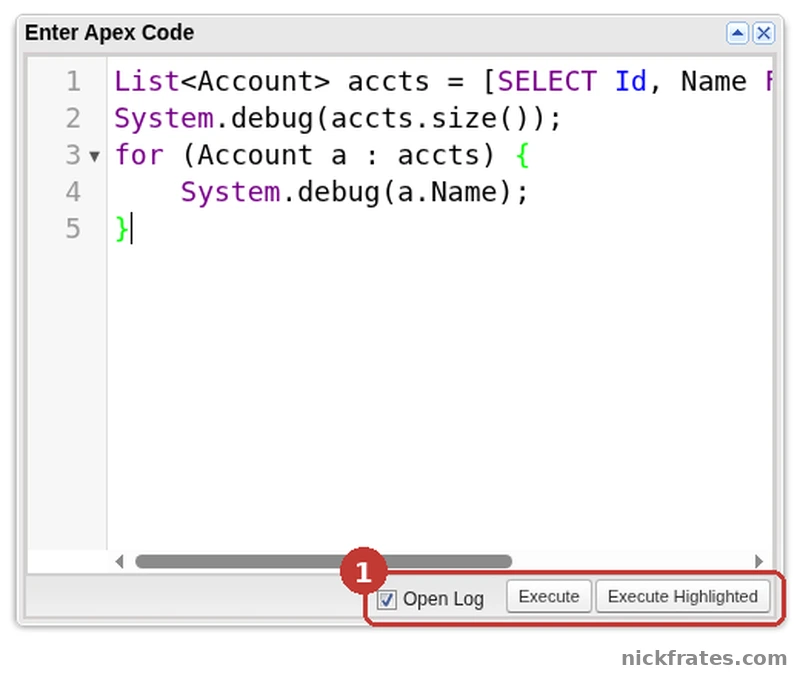 Developer Console Enter Apex Code window with a short Apex snippet and the Open Log box ticked next to the Execute button