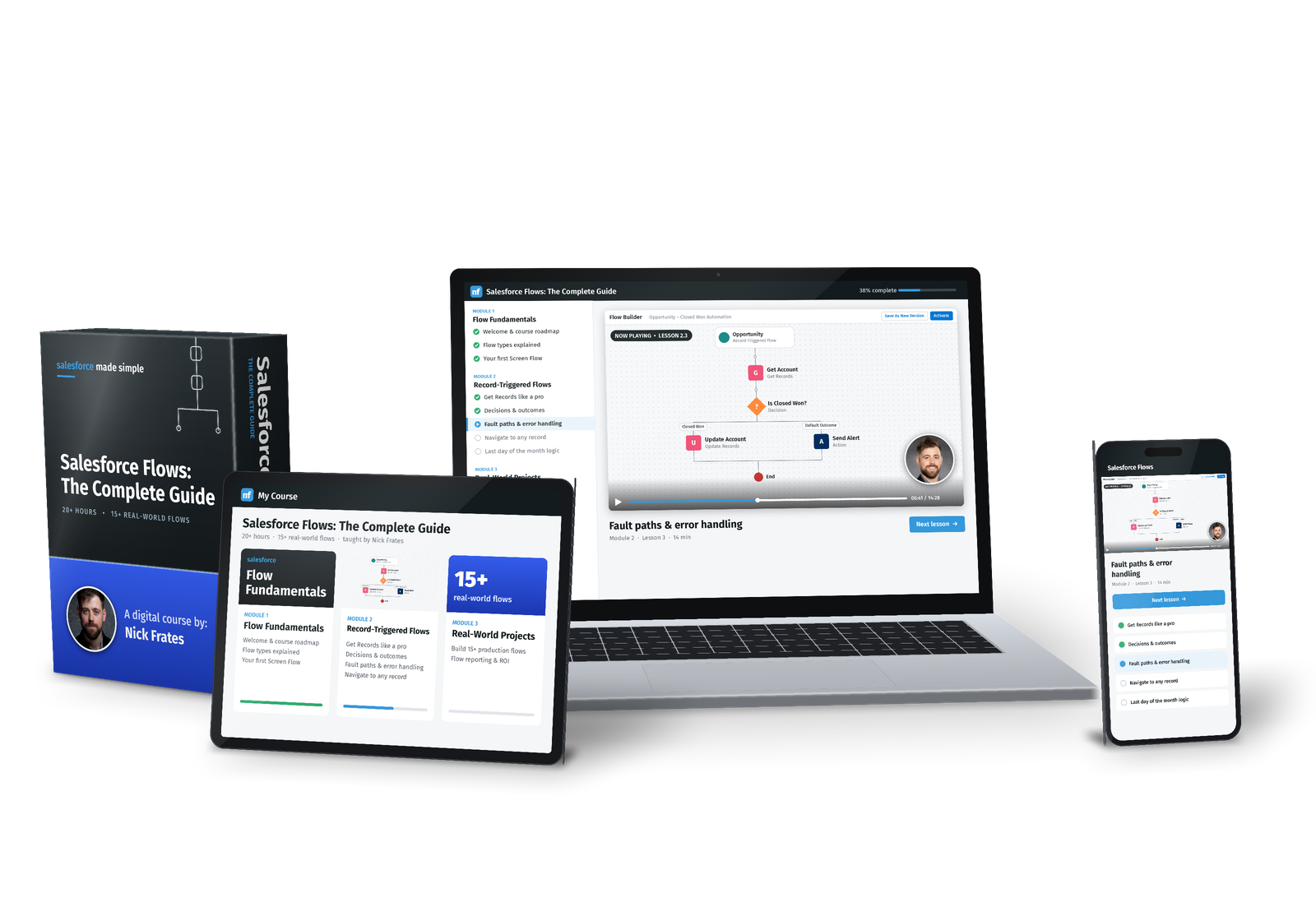 Salesforce Flows: The Complete Guide full package: course box, laptop, tablet and phone showing the lessons