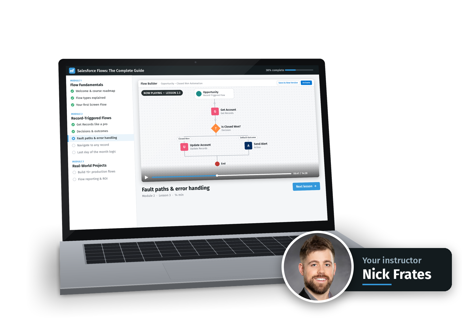 Laptop showing a Salesforce Flows: The Complete Guide lesson in Flow Builder, with instructor Nick Frates