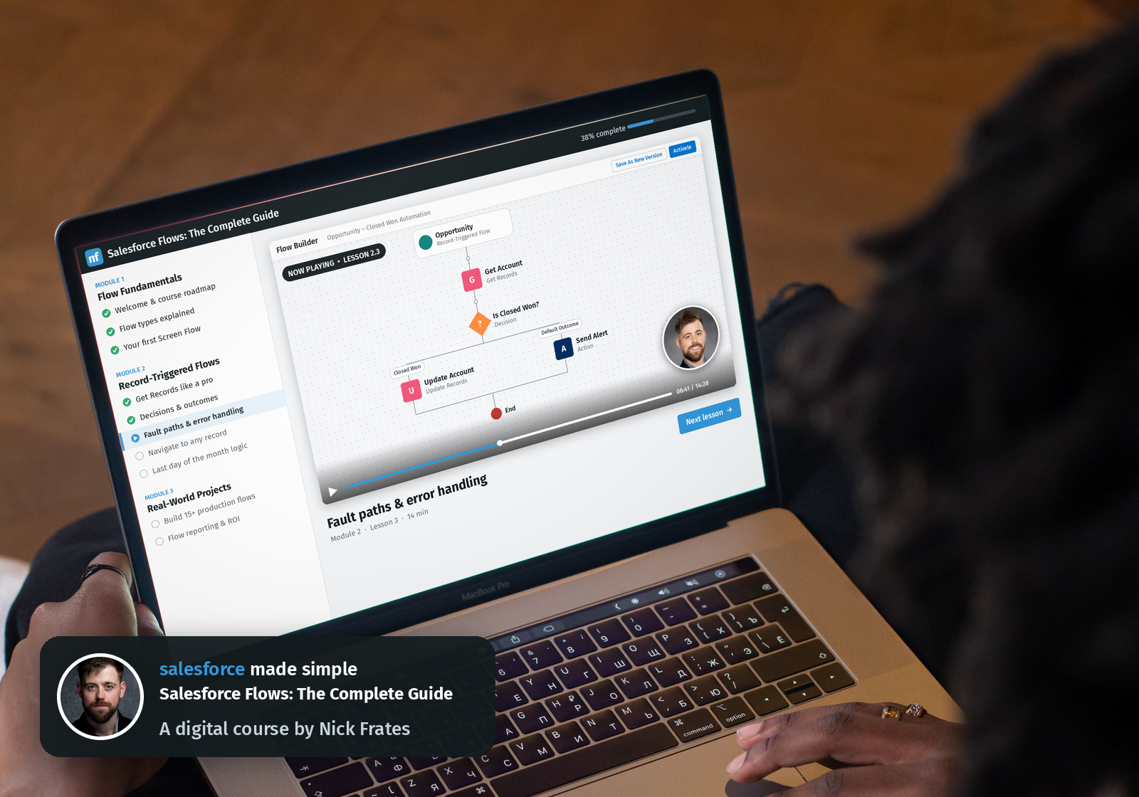Student taking Salesforce Flows: The Complete Guide by Nick Frates on a laptop