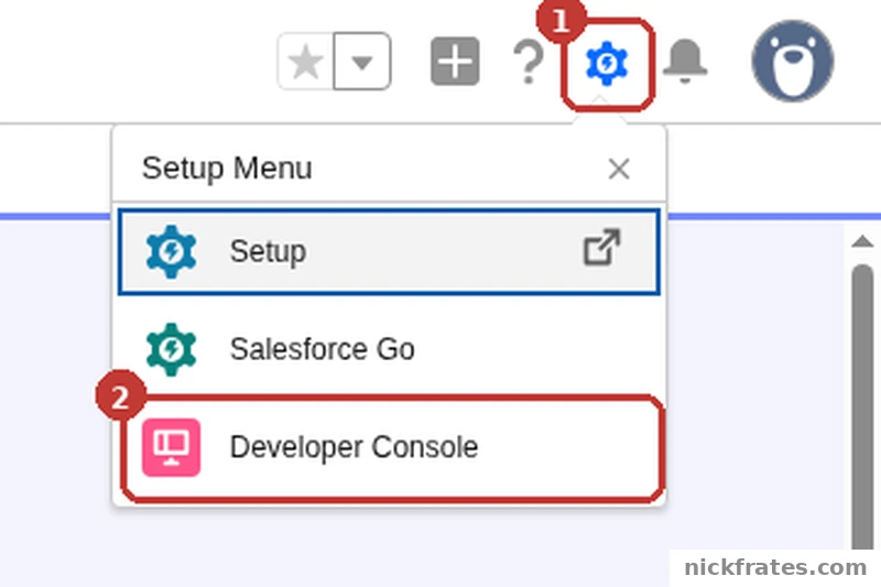 Salesforce gear icon menu open with the Developer Console entry highlighted