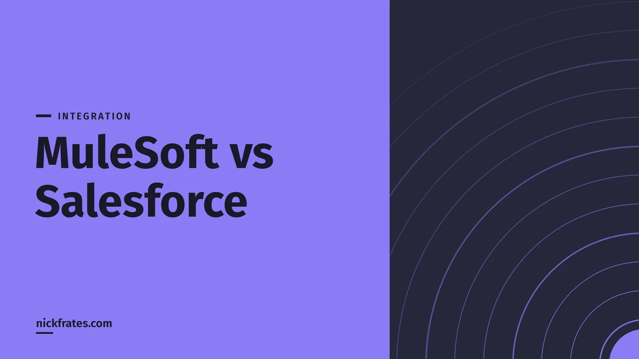 Header image: MuleSoft vs Salesforce, white title on a violet panel beside a dark panel of concentric arcs.
