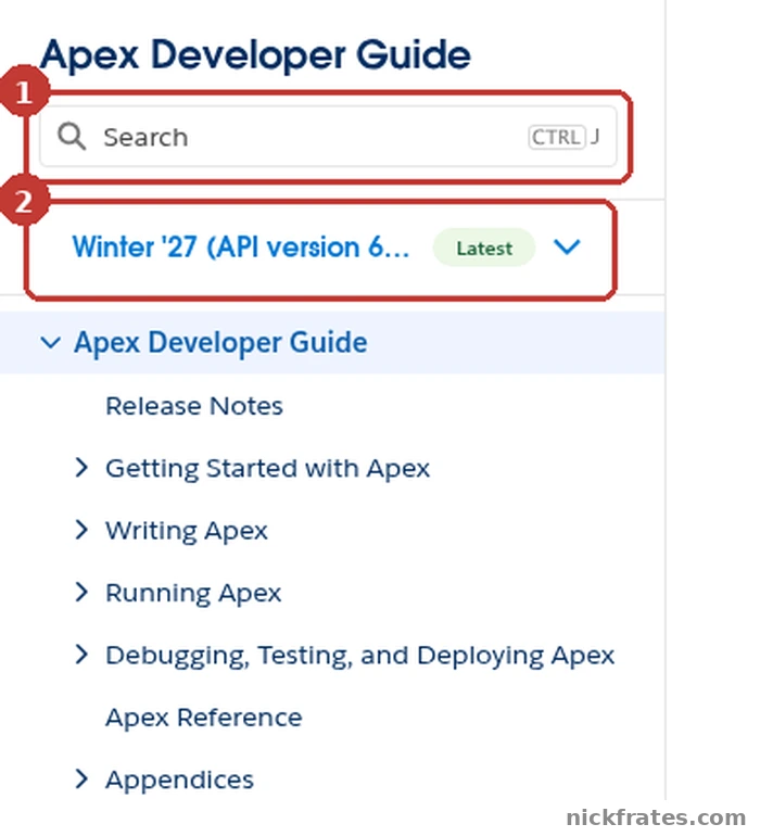 Left panel of the Salesforce Apex Developer Guide home page, with the Search box and the version dropdown set to Winter '27 highlighted above the contents tree