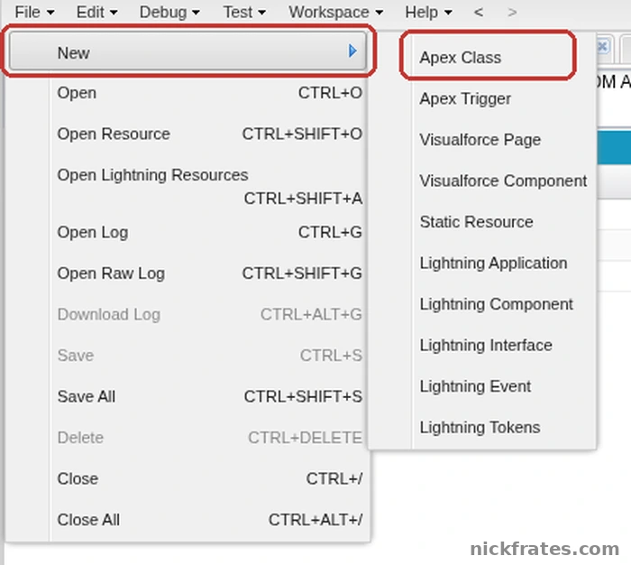 Developer Console File menu open to New, with the Apex Class option highlighted