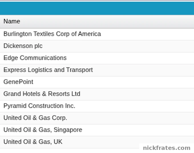 Developer Console Query Editor results grid showing ten Account names in alphabetical order, from Burlington Textiles Corp of America to United Oil & Gas, UK