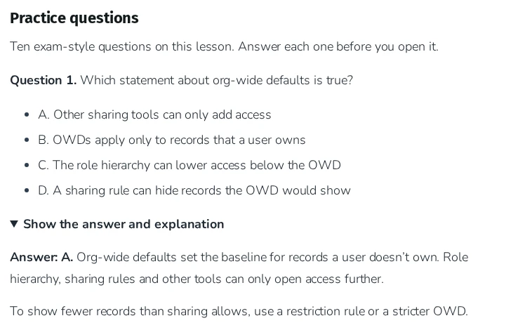 Platform Administrator II Cert Lab practice question about record access and org-wide defaults, with the answer and explanation opened