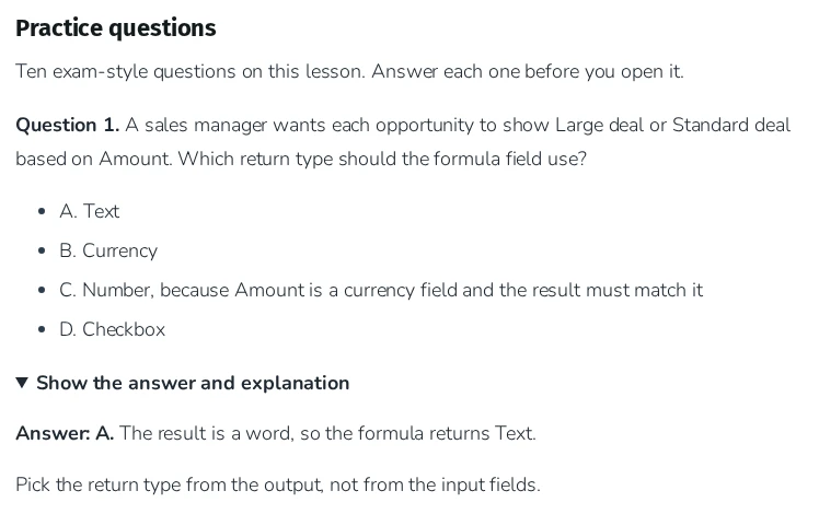Platform App Builder Cert Lab practice question about formula field return types, with the answer and explanation opened