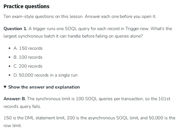 Platform Developer Cert Lab practice question about governor limits on SOQL queries, with the answer and explanation opened