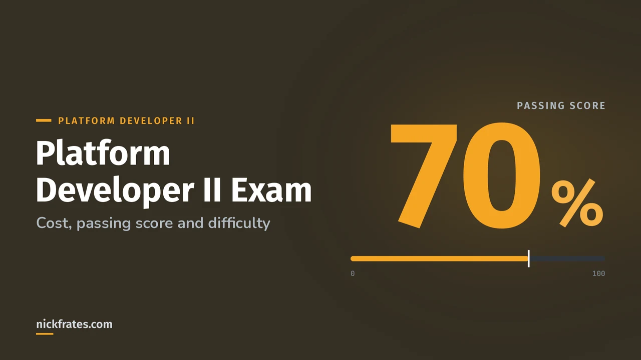 Header image: Platform Developer II exam, a large 70% passing score figure next to the title.