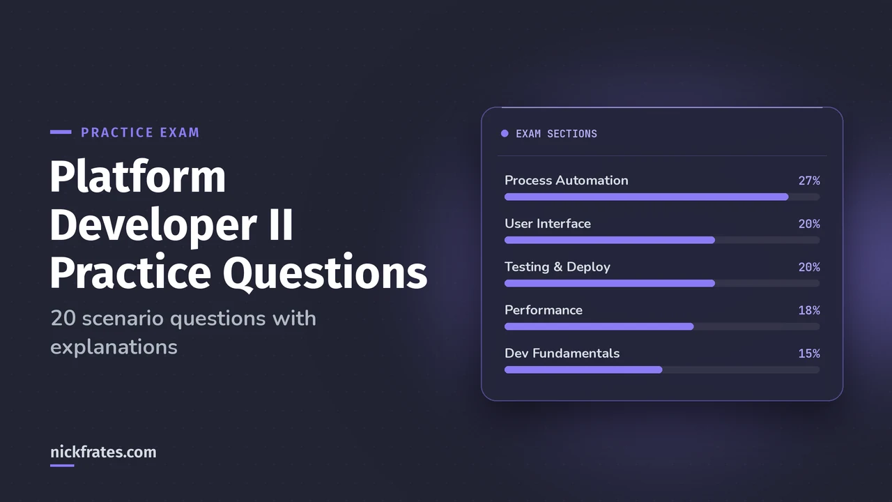 Header image: Platform Developer II practice questions, bars showing the five exam section weights from 27% down to 15%.