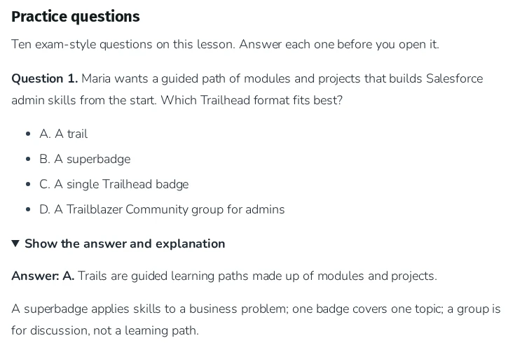 Platform Foundations Cert Lab practice question about Trailhead trails, with the answer and explanation opened