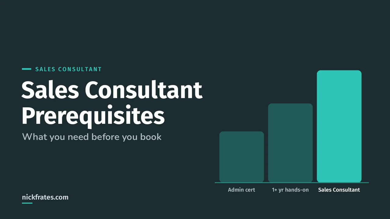 Header image: Sales Consultant Prerequisites, a rising ladder from the Admin certification to a year of hands-on experience to the Sales Consultant certification.