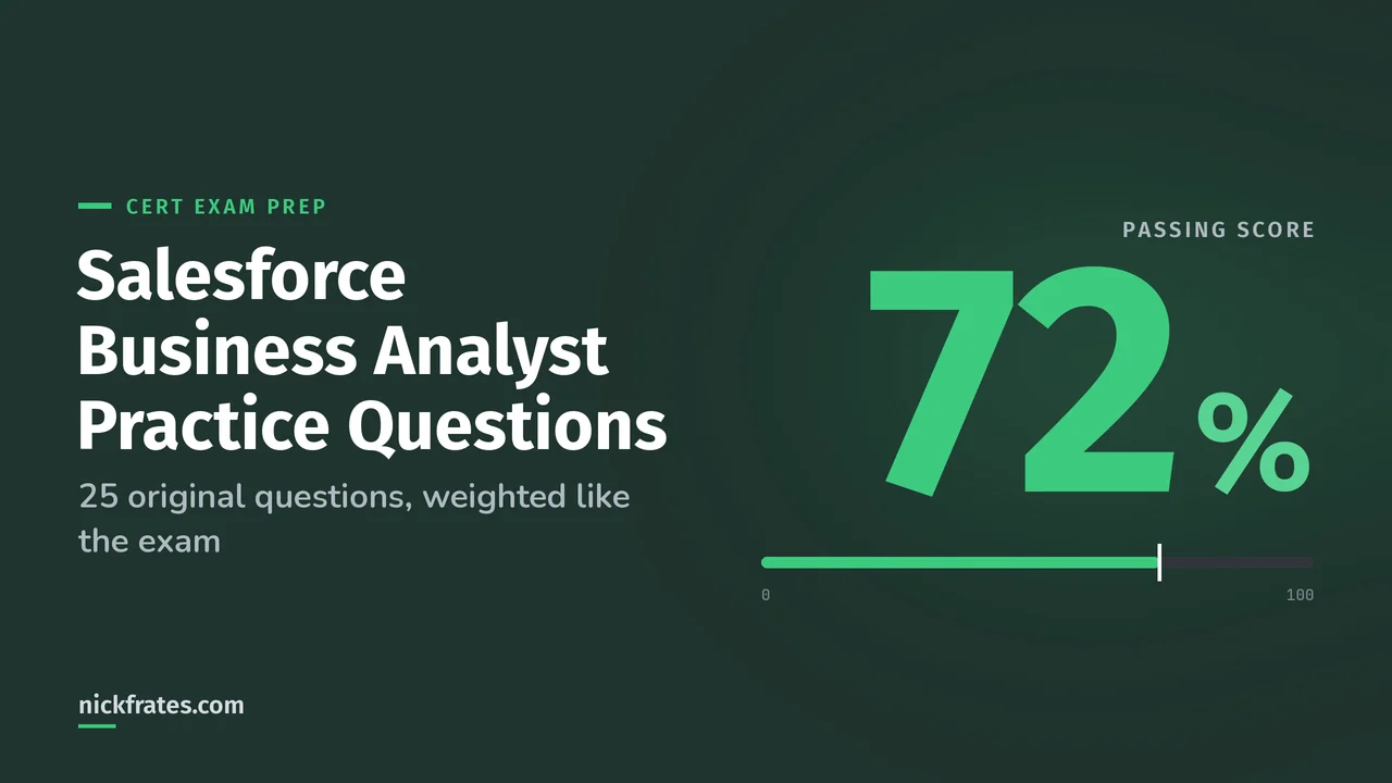 Header image: Salesforce Business Analyst practice questions, 25 original questions, with the 72% passing score shown as a large number.