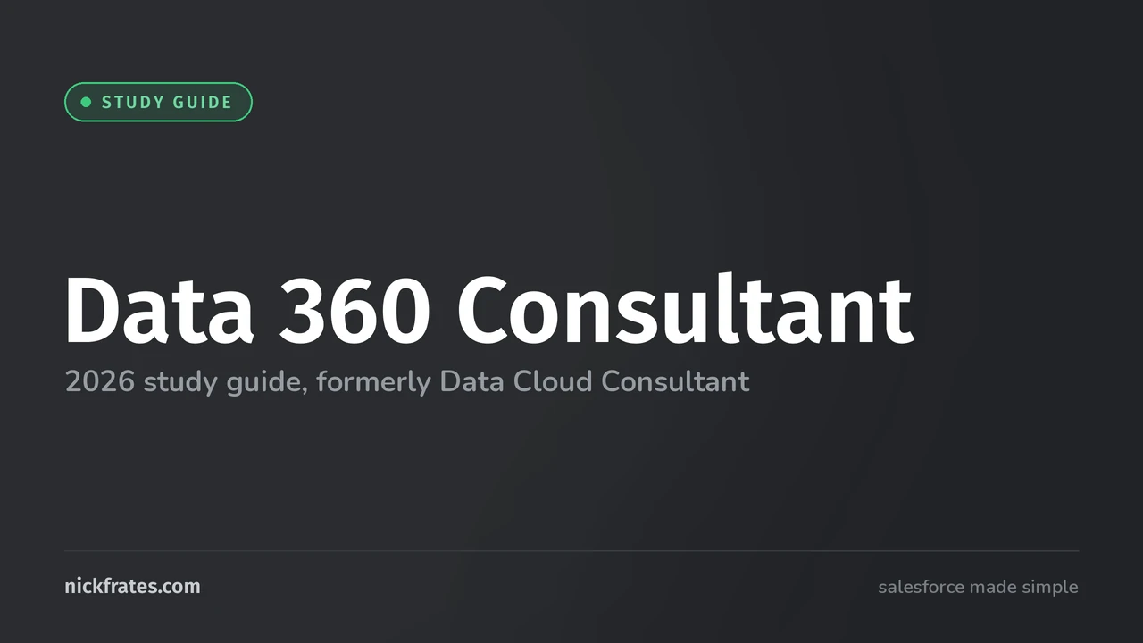 Header image: Data 360 Consultant, 2026 study guide, formerly Data Cloud Consultant. Minimal dark layout with a green 'Study guide' tag.