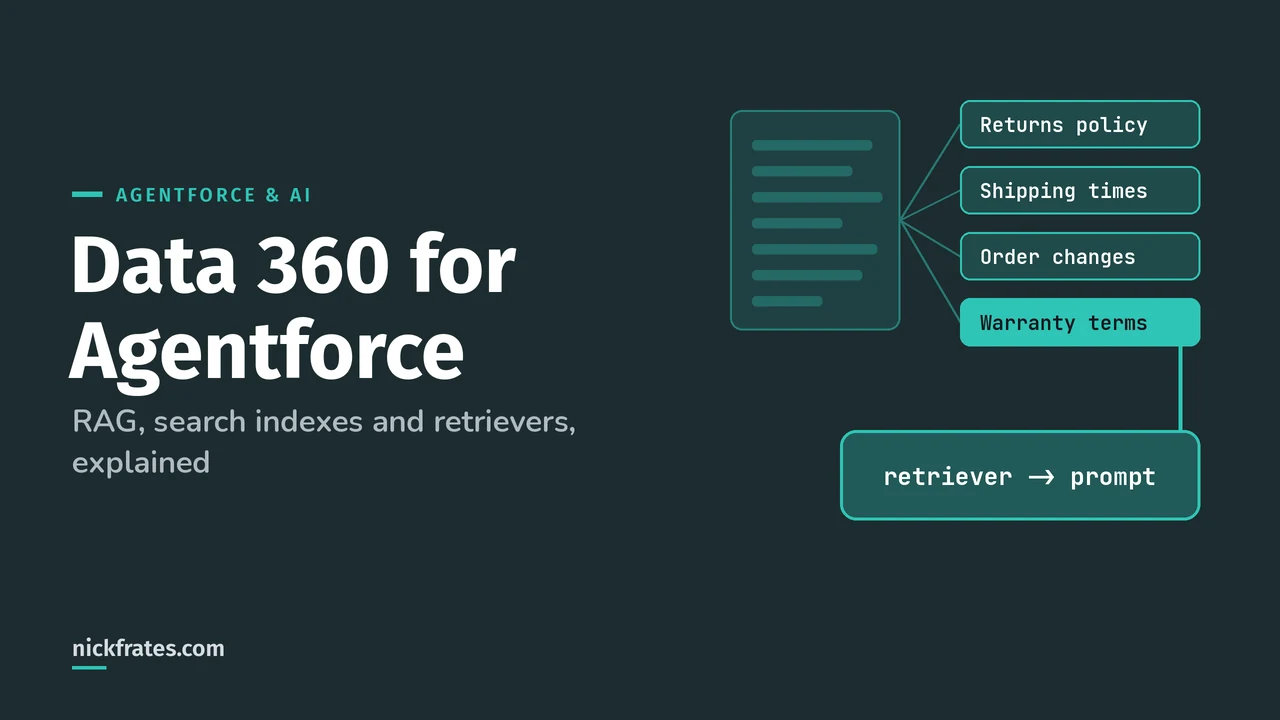 Header image: Data 360 for Agentforce, showing a document split into chunks, with the warranty chunk retrieved and passed to a prompt.