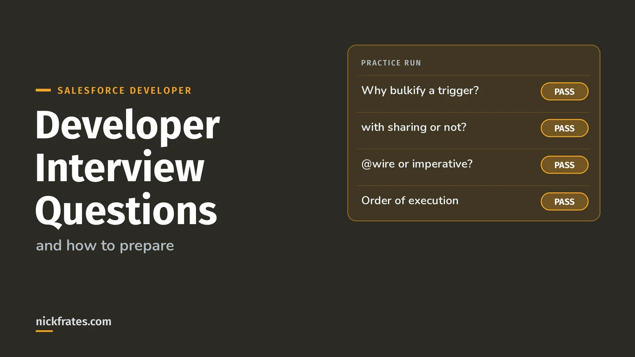 Header image: a practice run of four Salesforce developer interview questions, each marked pass: why bulkify a trigger, with sharing or not, wire or imperative Apex, and the order of execution.