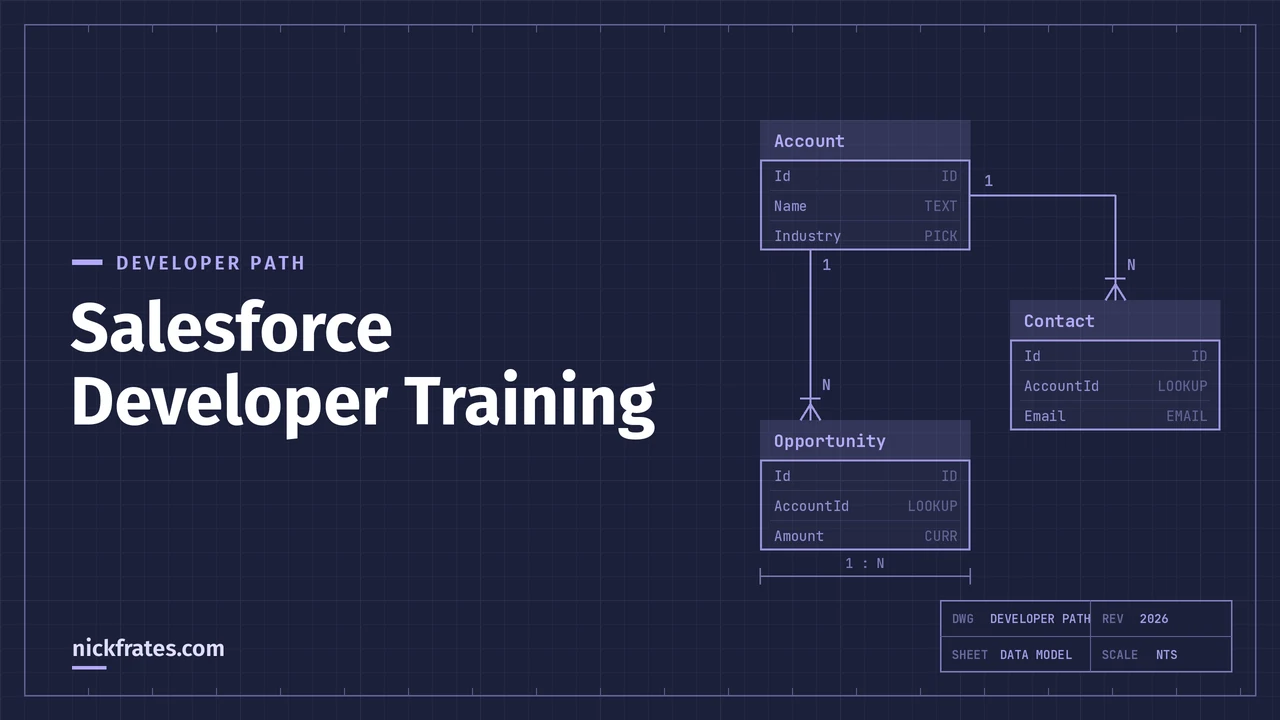 Header image: Salesforce Developer Training, white title on a dark navy blueprint grid beside an Account, Contact and Opportunity object diagram.