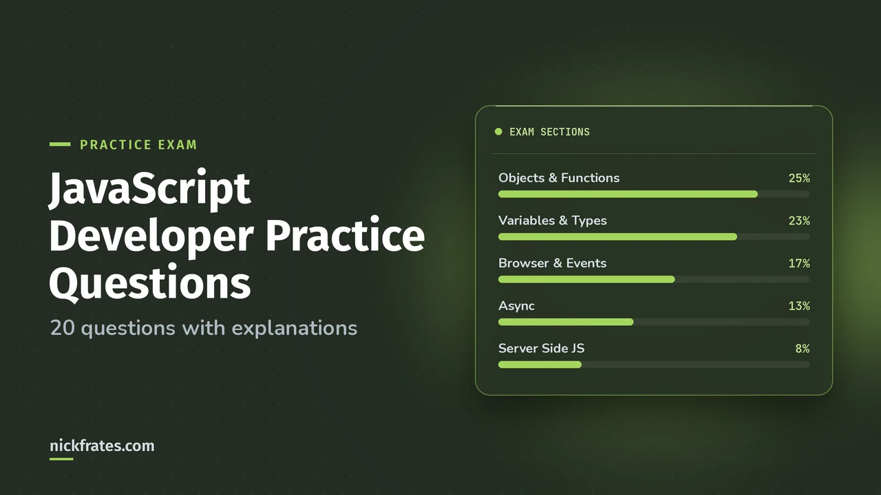 Header image: Salesforce JavaScript Developer practice questions, bars showing the largest exam section weights: Objects, Functions and Classes 25%, Variables, Types and Collections 23%, Browser and Events 17%, Asynchronous Programming 13%, Server Side JavaScript 8%.