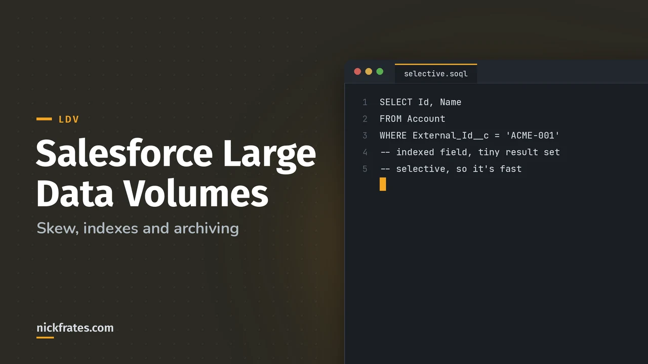 Header image: Salesforce Large Data Volumes, showing a selective SOQL query that filters on an indexed external ID field.