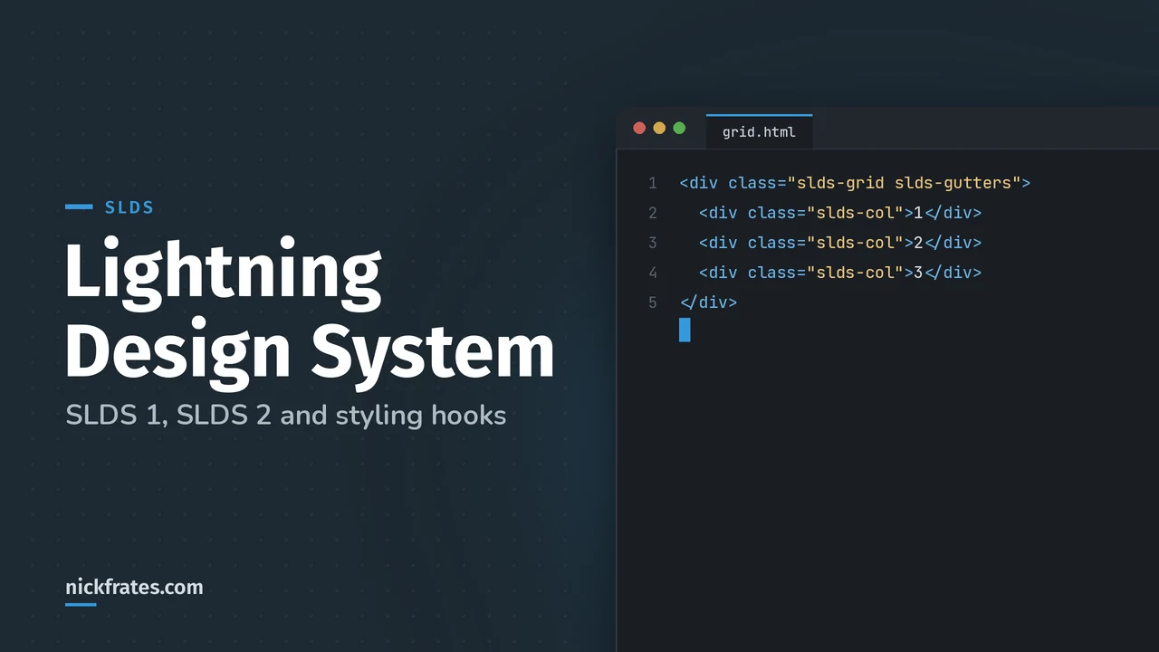 Header image: Lightning Design System, showing an HTML snippet that uses the slds-grid, slds-gutters and slds-col classes.