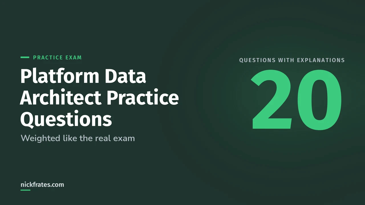 Header image: Salesforce Platform Data Architect practice questions, a large number 20 for the number of original practice questions, each with an explained answer.