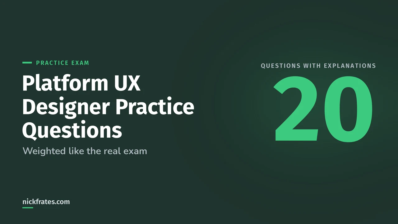 Header image: Salesforce Platform UX Designer practice questions, a large number 20 for the number of original practice questions, each with an explained answer.