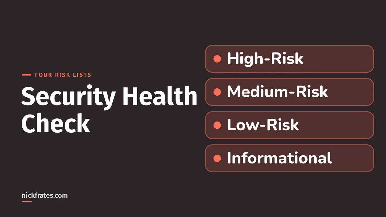 Header image: four rows, High-Risk, Medium-Risk, Low-Risk and Informational, showing the four lists on the Salesforce Health Check page.