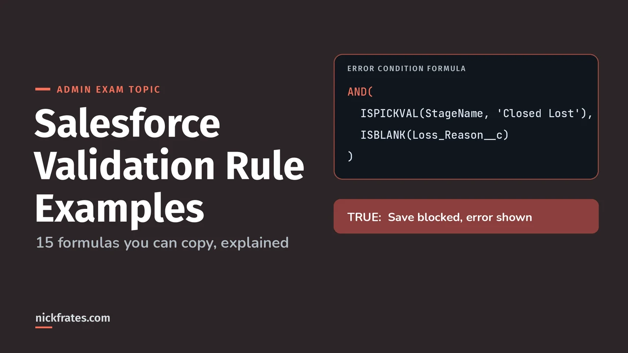 Salesforce Validation Rule Examples: 15 Formulas You Can Copy (with Practice Questions)