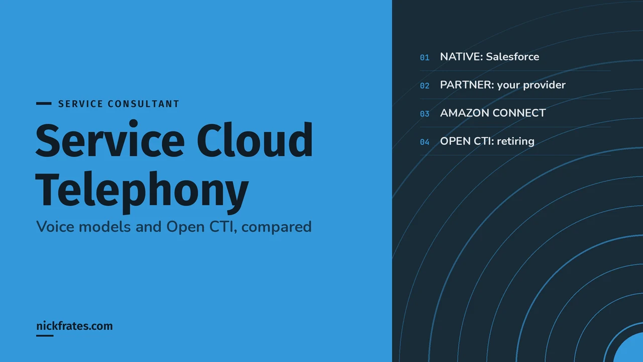 Header image: Service Cloud Telephony, comparing native Salesforce telephony, a partner provider, Amazon Connect and Open CTI, which is retiring.