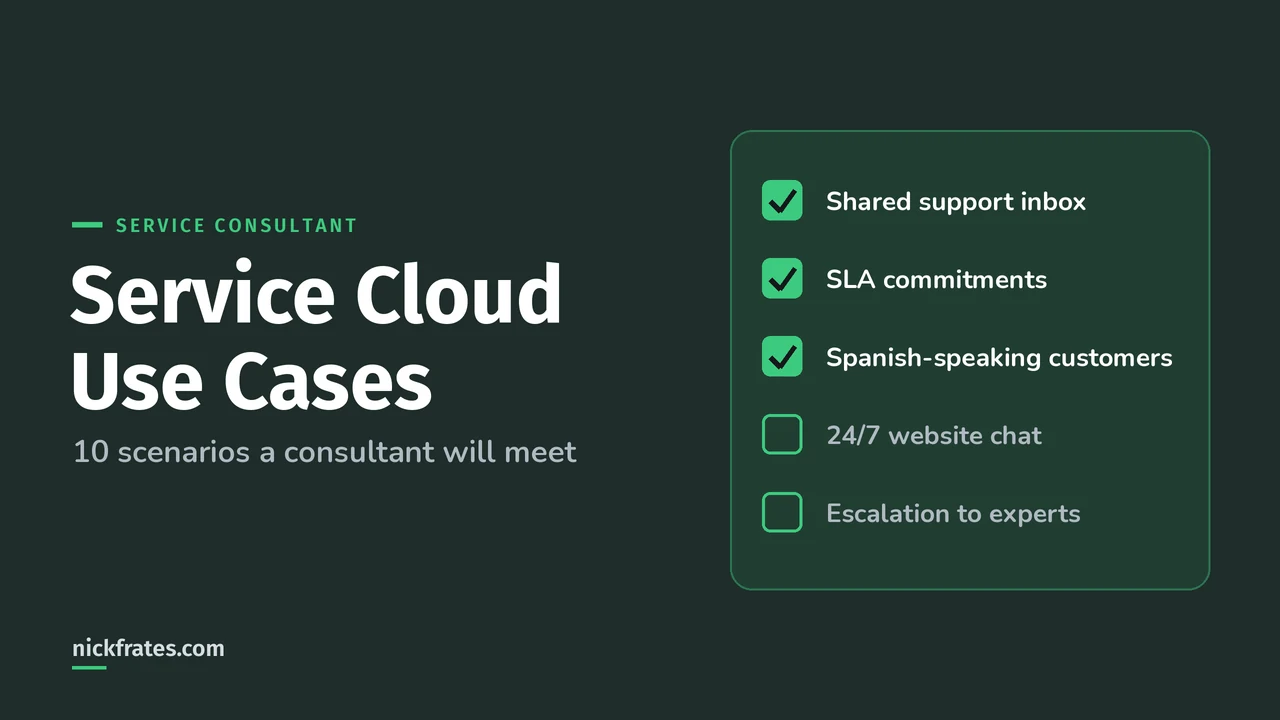 Header image: Service Cloud Use Cases, a checklist of consultant scenarios from a shared support inbox to escalation to experts.