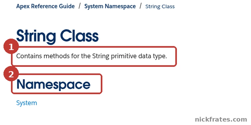 Apex Reference Guide String Class page showing the breadcrumb, the one-line description and the Namespace heading with System below it